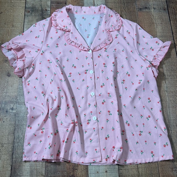 Coquette Pink Ruffle Pajama Set Floral Cottagecore Sleepwear Shorts 2X Plus - Picture 2 of 6